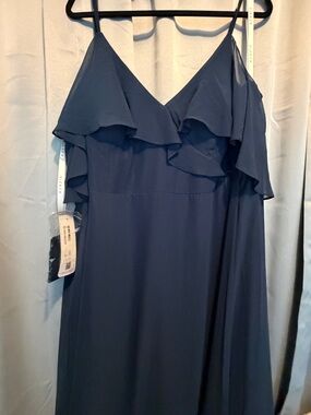 Navy Ruffle Spaghetti Strap Cold Shoulder Formal Dress